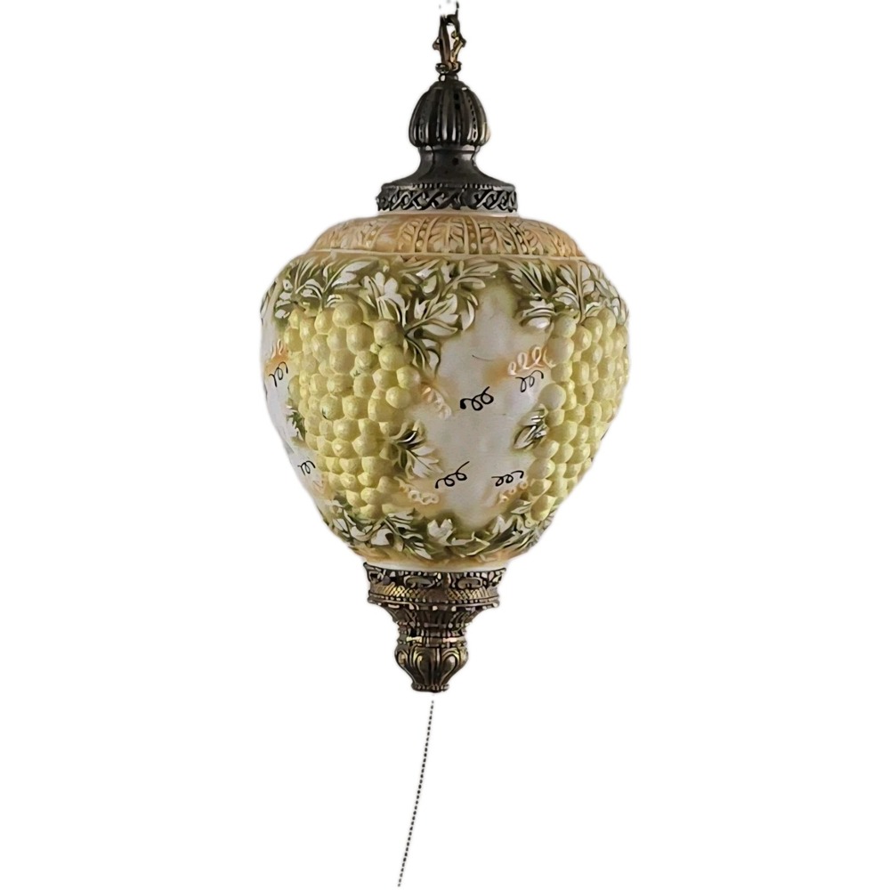 Vintage Mid-Century‎ Hanging Swag Lamp Grape Pattern Glass Globe 25″ Pull Chain